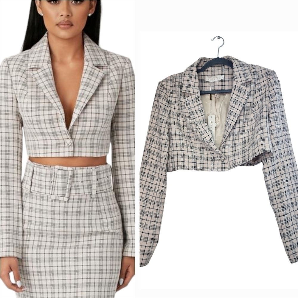 Meshki Neutral Nude Plaid Eda Cropped Blazer Clueless Preppy Academia